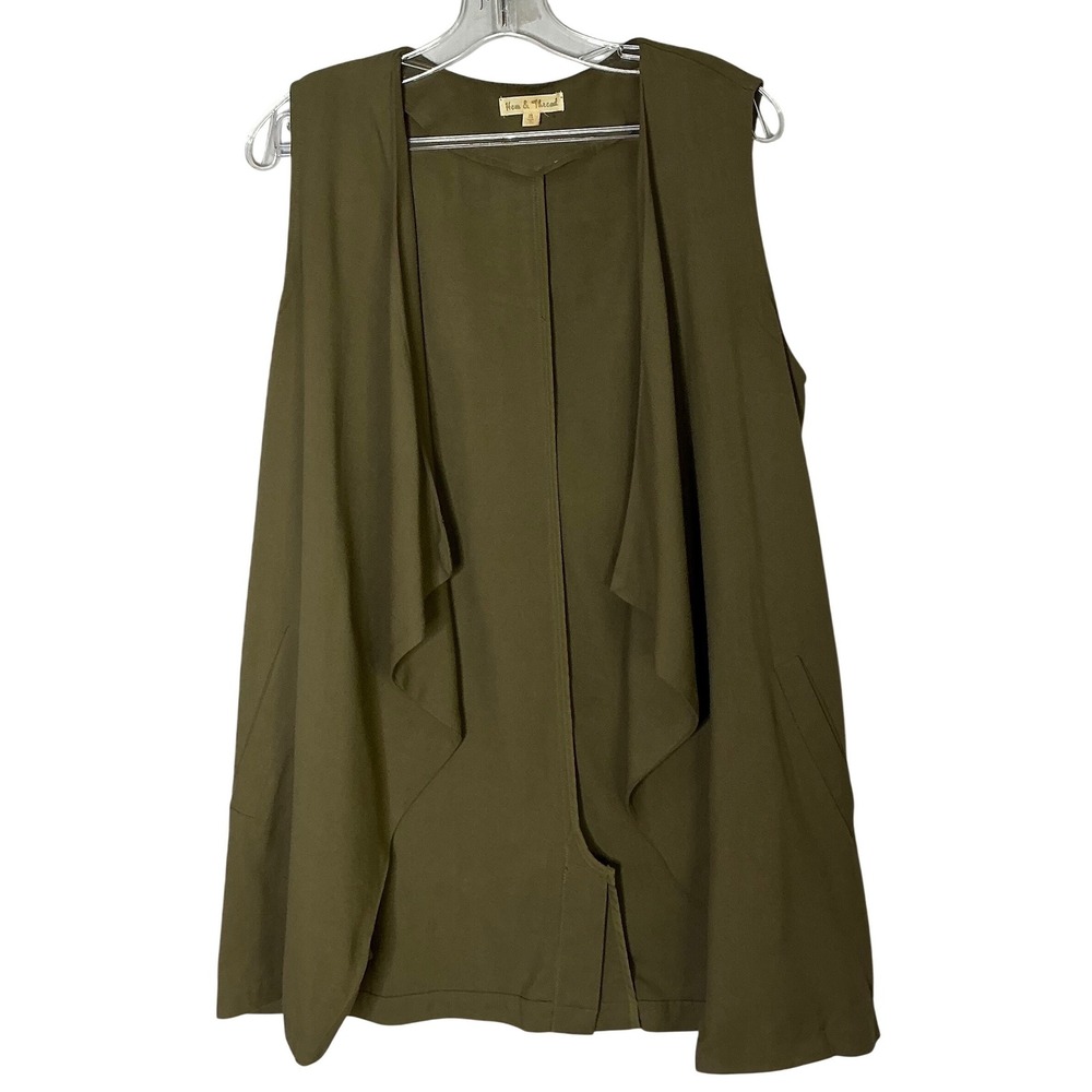 Hem & Thread Olive Green Open Front Drape Vest Waterfall Lapel Minimalist Medium
